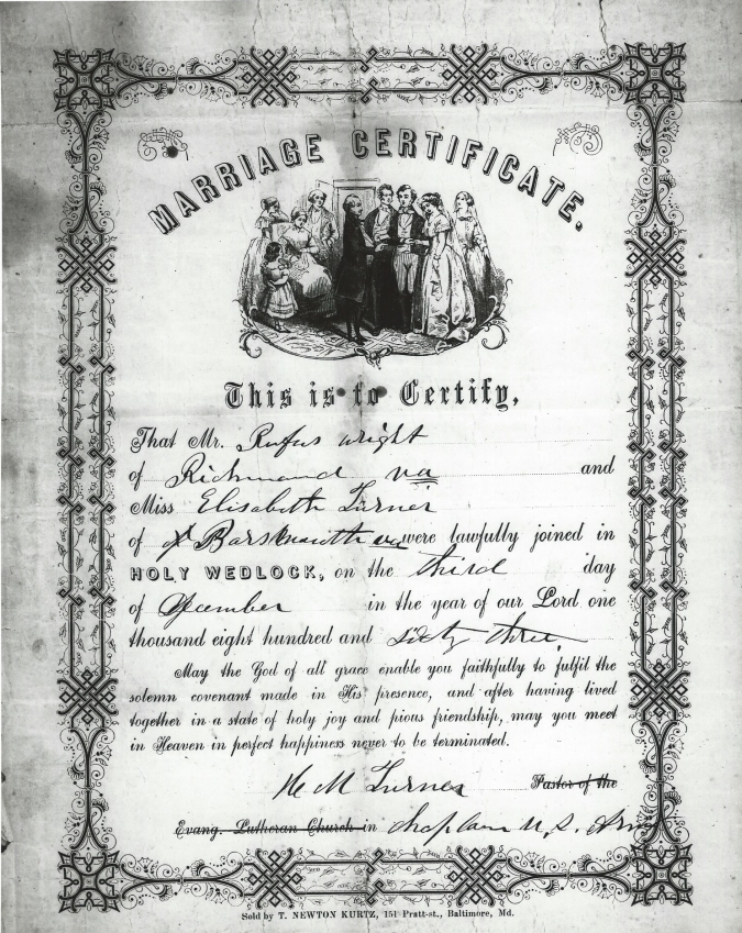 marriage certificate of Elisabeth Wright and Rufus Wright